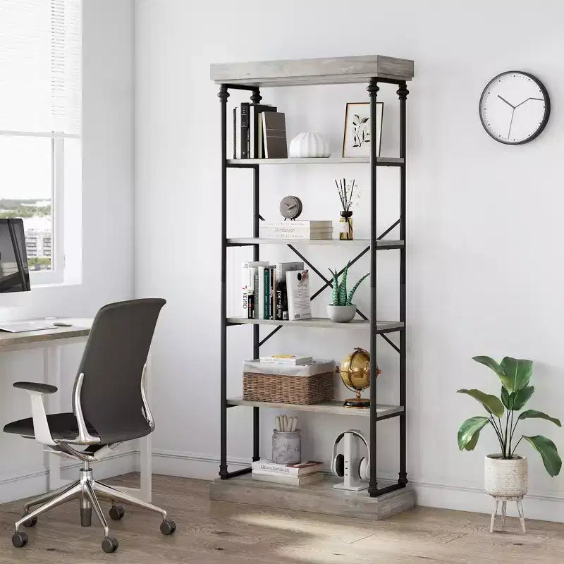 6-Tier Industrial Bookshelf – 73.6'' Tall Wood & Metal Open Display Bookcase