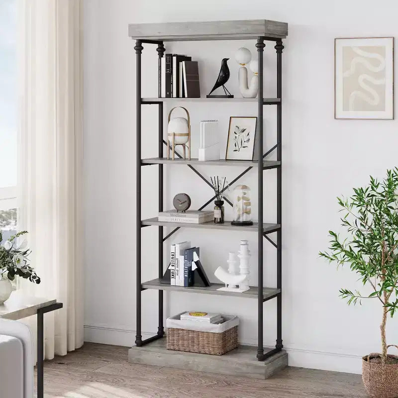 6-Tier Industrial Bookshelf – 73.6'' Tall Wood & Metal Open Display Bookcase