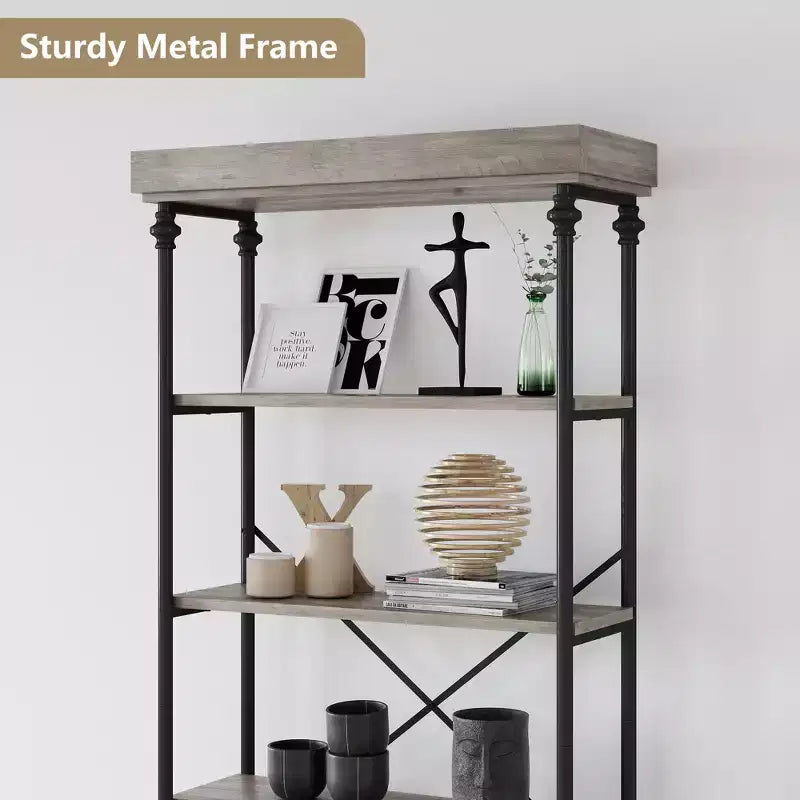 6-Tier Industrial Bookshelf – 73.6'' Tall Wood & Metal Open Display Bookcase