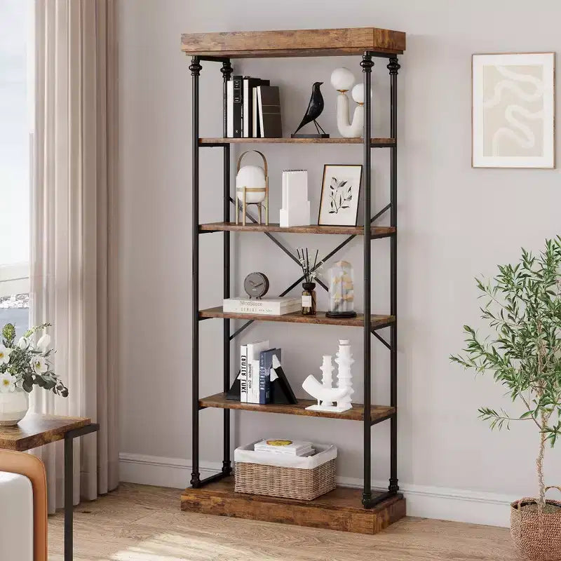 6-Tier Industrial Bookshelf – 73.6'' Tall Wood & Metal Open Display Bookcase