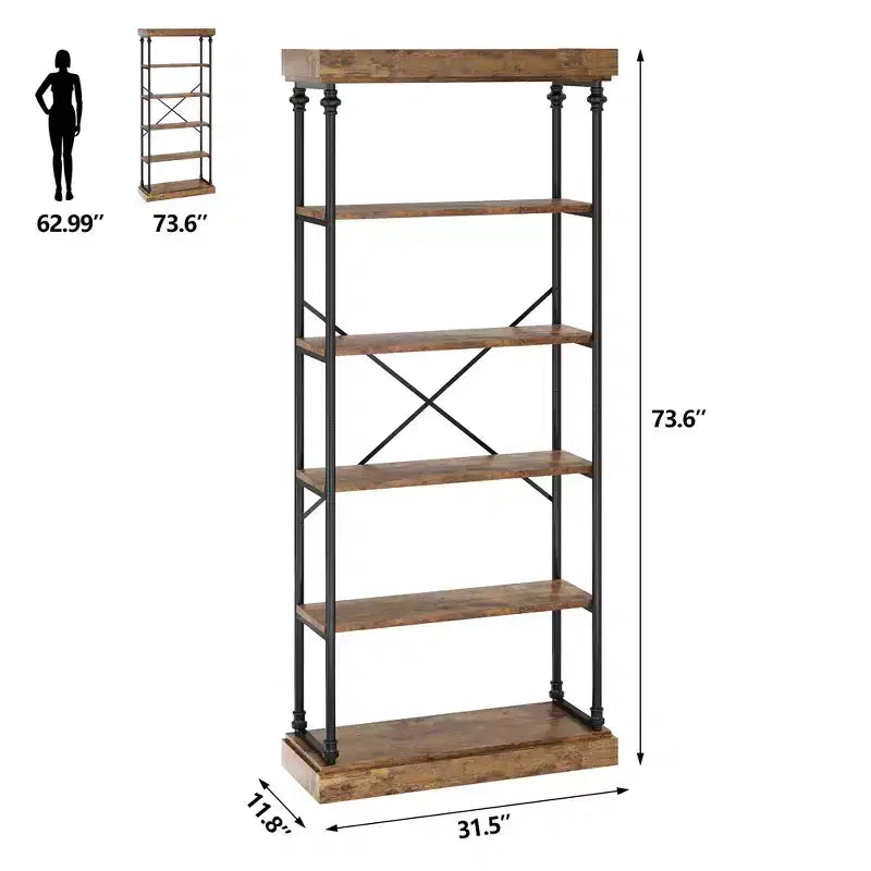 6-Tier Industrial Bookshelf – 73.6'' Tall Wood & Metal Open Display Bookcase