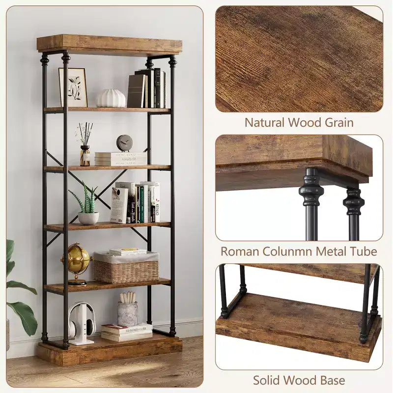 6-Tier Industrial Bookshelf – 73.6'' Tall Wood & Metal Open Display Bookcase