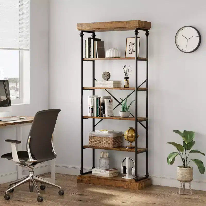 6-Tier Industrial Bookshelf – 73.6'' Tall Wood & Metal Open Display Bookcase
