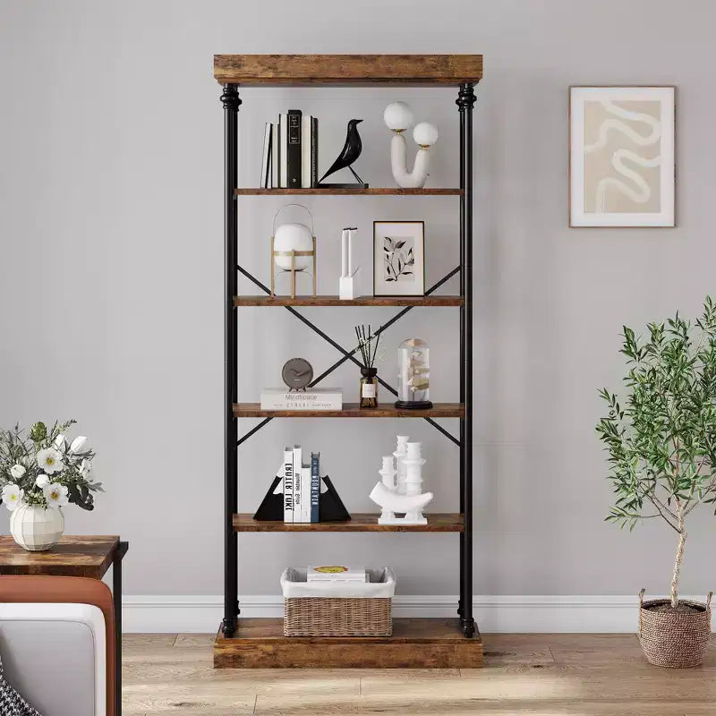 6-Tier Industrial Bookshelf – 73.6'' Tall Wood & Metal Open Display Bookcase