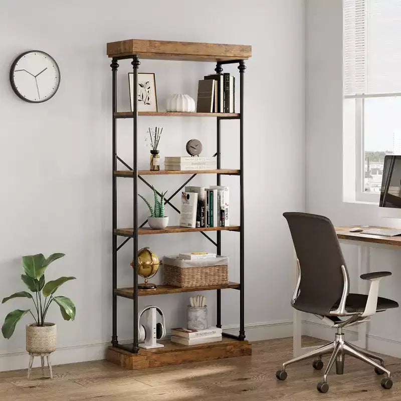 6-Tier Industrial Bookshelf – 73.6'' Tall Wood & Metal Open Display Bookcase
