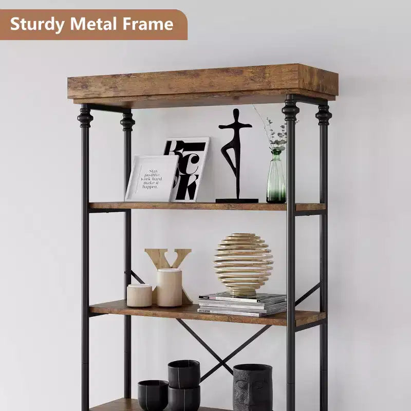 6-Tier Industrial Bookshelf – 73.6'' Tall Wood & Metal Open Display Bookcase