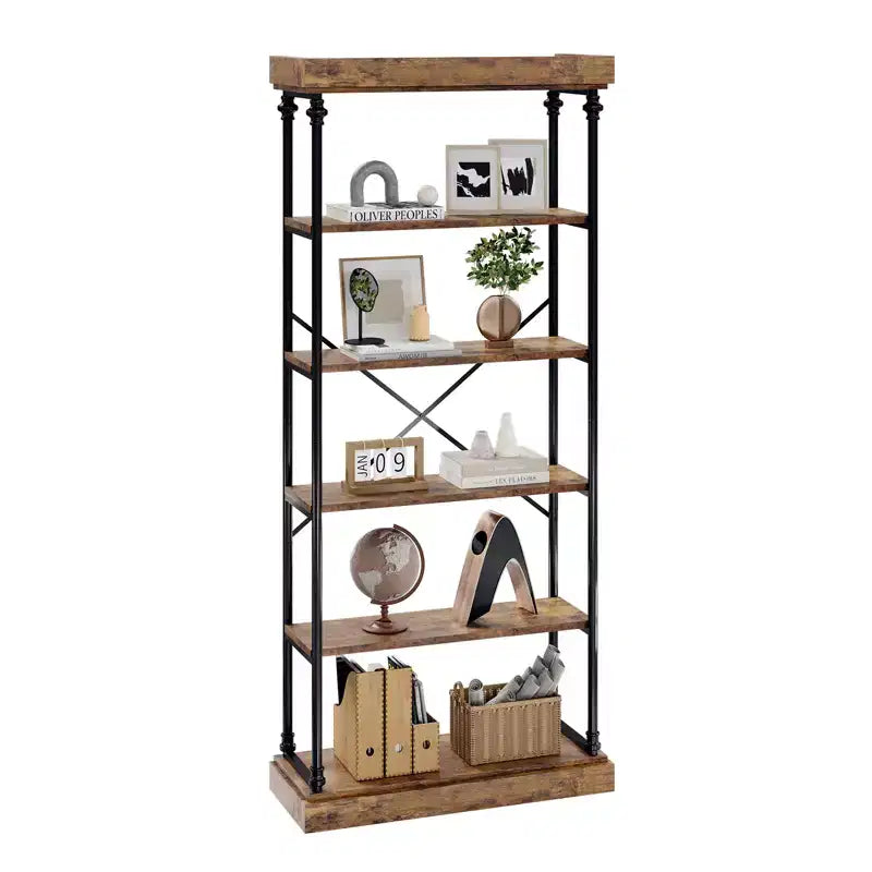 CuisinSmart 6-Tier Industrial Bookshelf, 73.6 Tall Wood and Metal Bookcase with Sturdy Frame, Open Display Shelf and Storage Organizer
