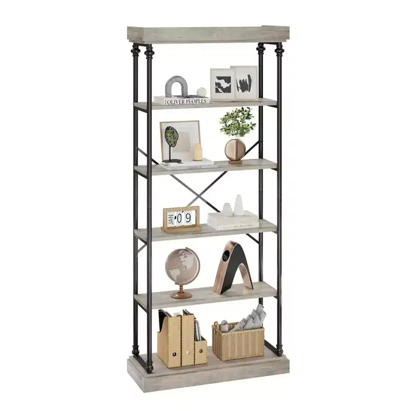 6-Tier Industrial Bookshelf – 73.6'' Tall Wood & Metal Open Display Bookcase