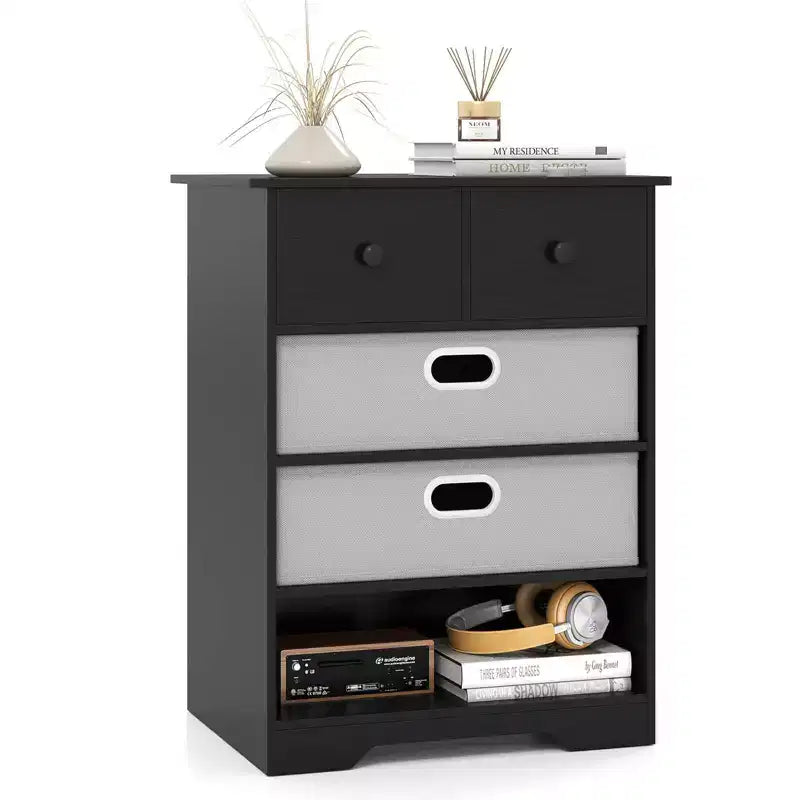 4-Drawer Modern Dresser with Open Shelves & Anti-Tip Kits – White/Black