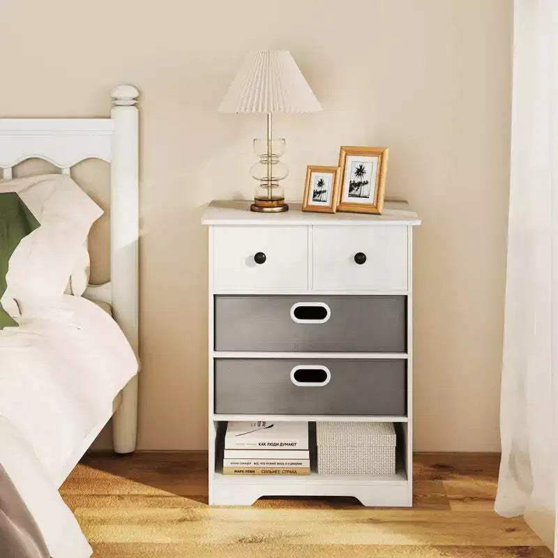 4-Drawer Modern Dresser with Open Shelves & Anti-Tip Kits – White/Black