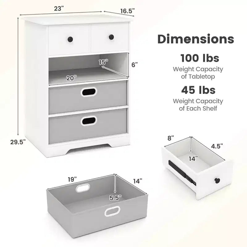 4-Drawer Modern Dresser with Open Shelves & Anti-Tip Kits – White/Black