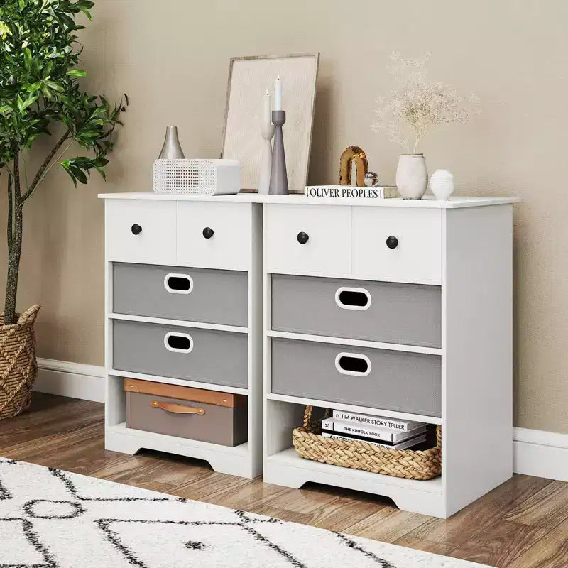 4-Drawer Modern Dresser with Open Shelves & Anti-Tip Kits – White/Black
