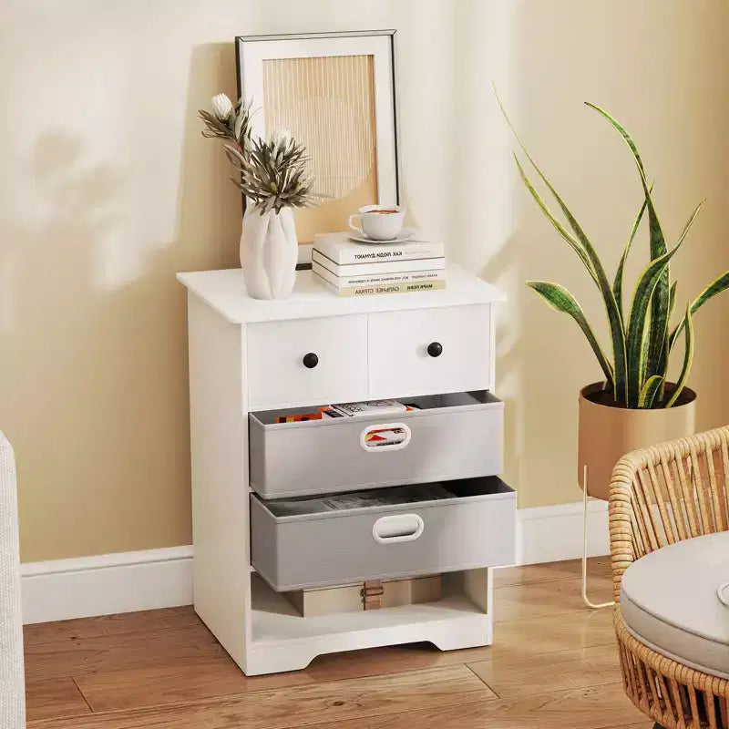 4-Drawer Modern Dresser with Open Shelves & Anti-Tip Kits – White/Black
