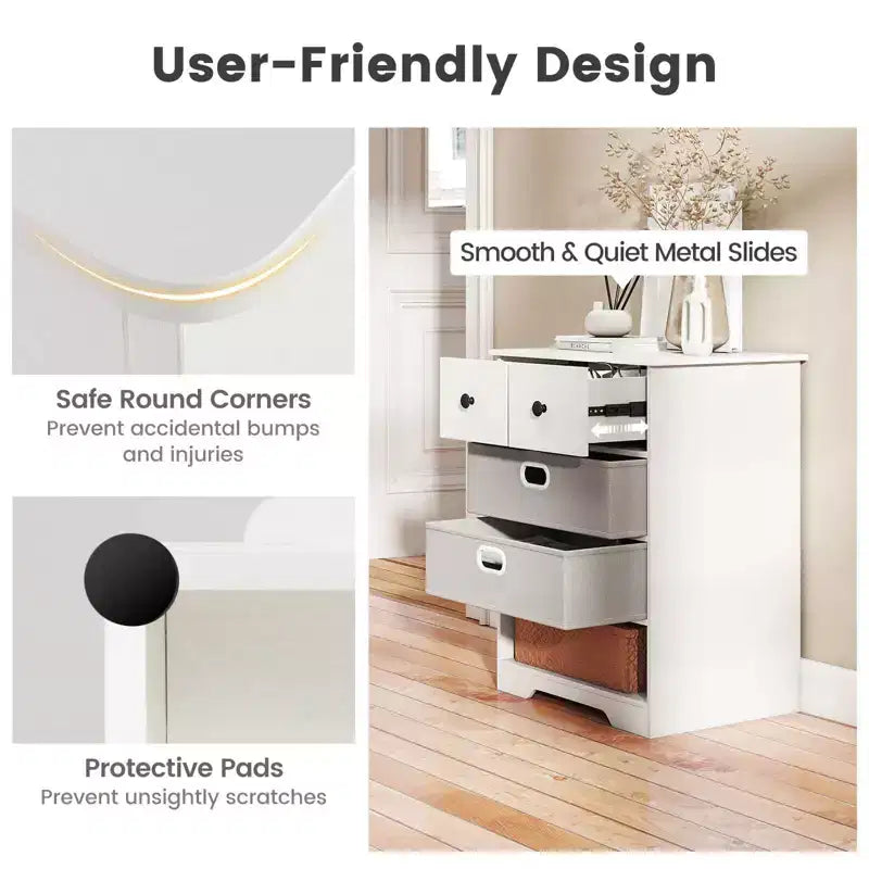 4-Drawer Modern Dresser with Open Shelves & Anti-Tip Kits – White/Black