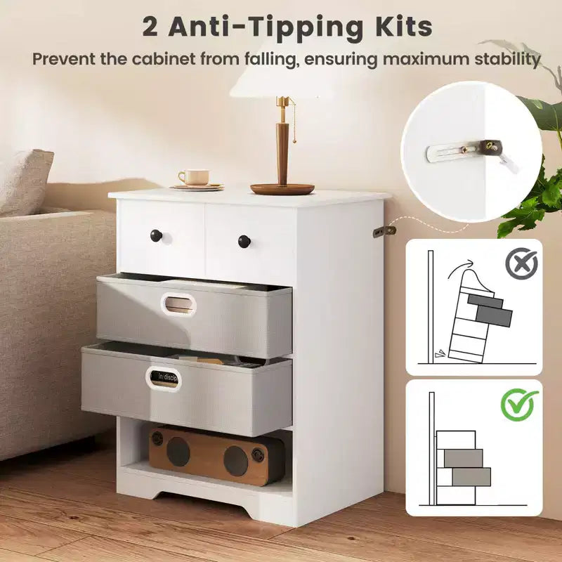 4-Drawer Modern Dresser with Open Shelves & Anti-Tip Kits – White/Black