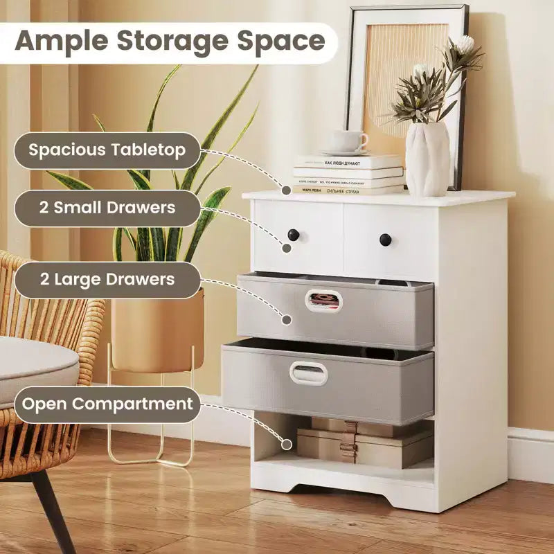 4-Drawer Modern Dresser with Open Shelves & Anti-Tip Kits – White/Black