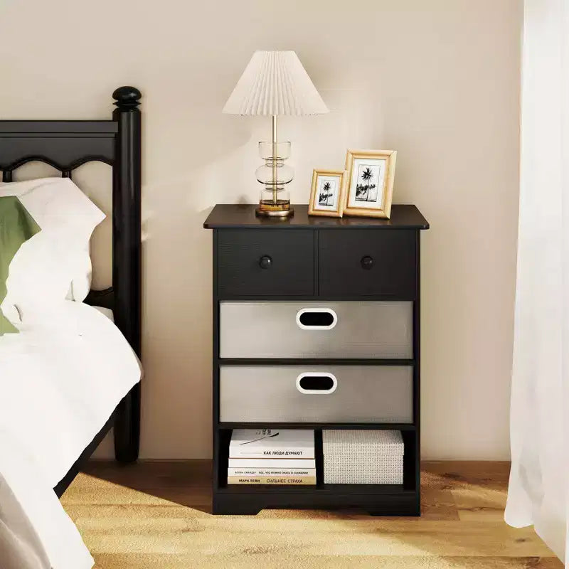 4-Drawer Modern Dresser with Open Shelves & Anti-Tip Kits – White/Black