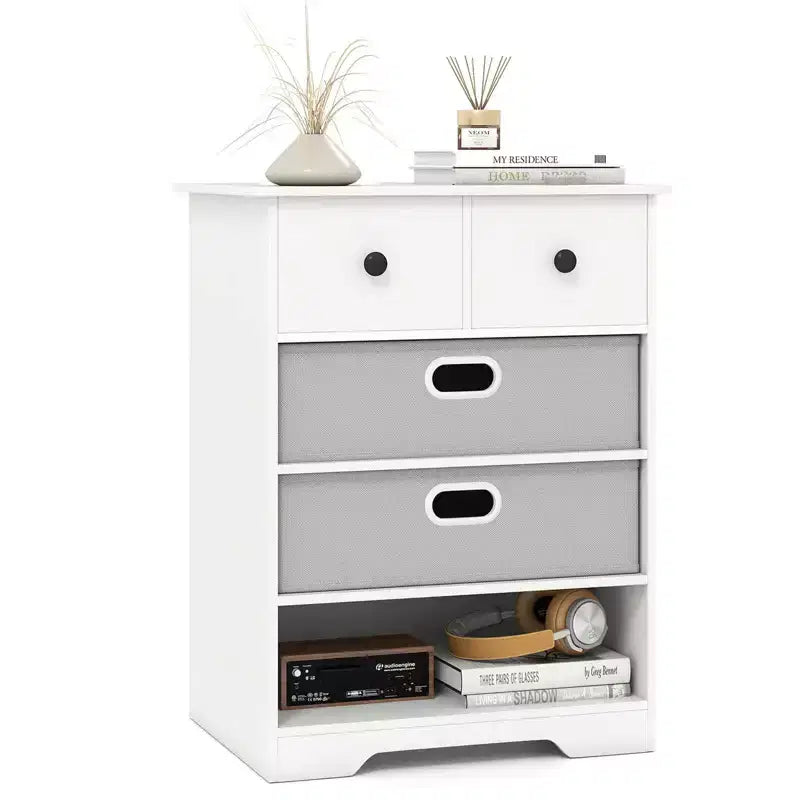 4-Drawer Modern Dresser with Open Shelves & Anti-Tip Kits – White/Black
