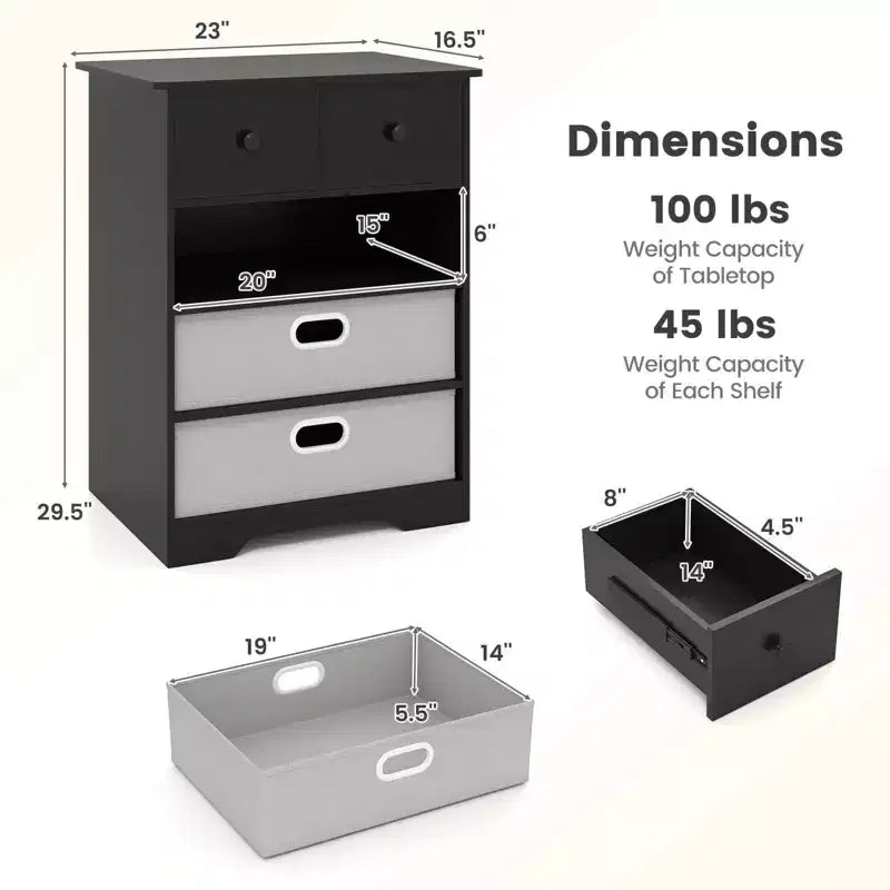 4-Drawer Modern Dresser with Open Shelves & Anti-Tip Kits – White/Black