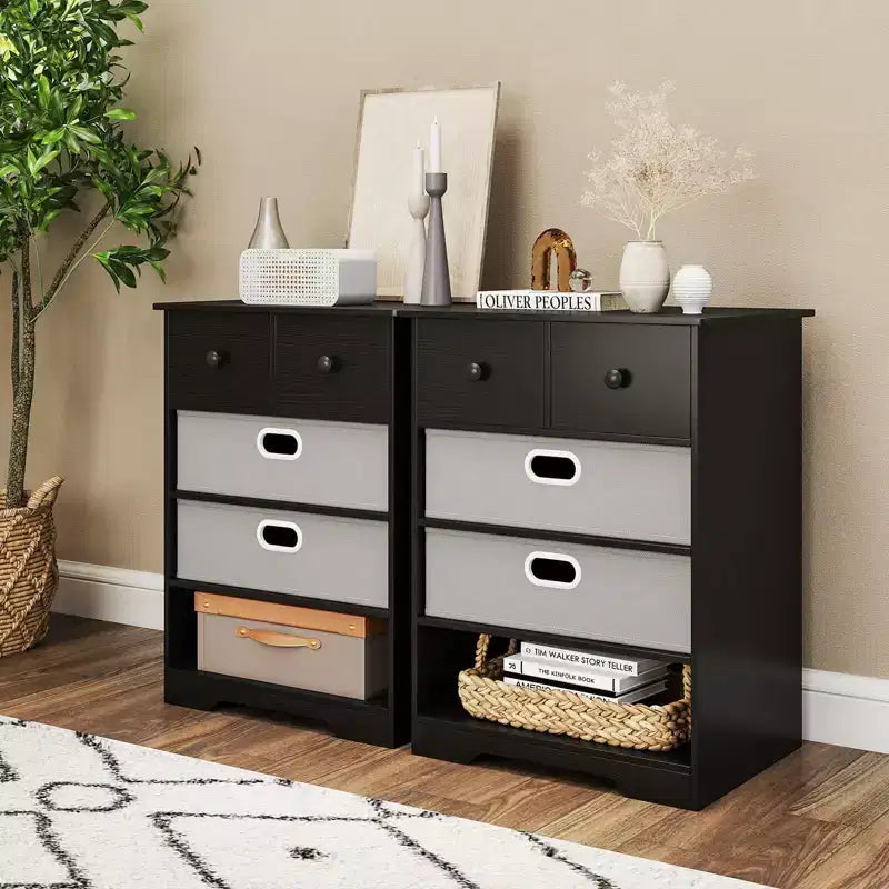 4-Drawer Modern Dresser with Open Shelves & Anti-Tip Kits – White/Black