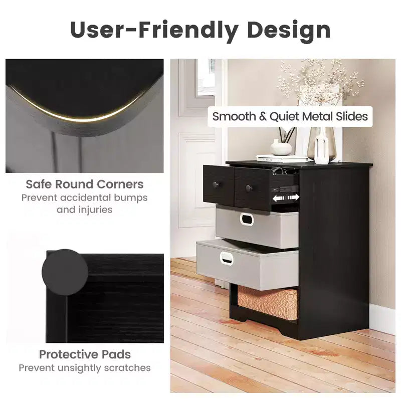 4-Drawer Modern Dresser with Open Shelves & Anti-Tip Kits – White/Black