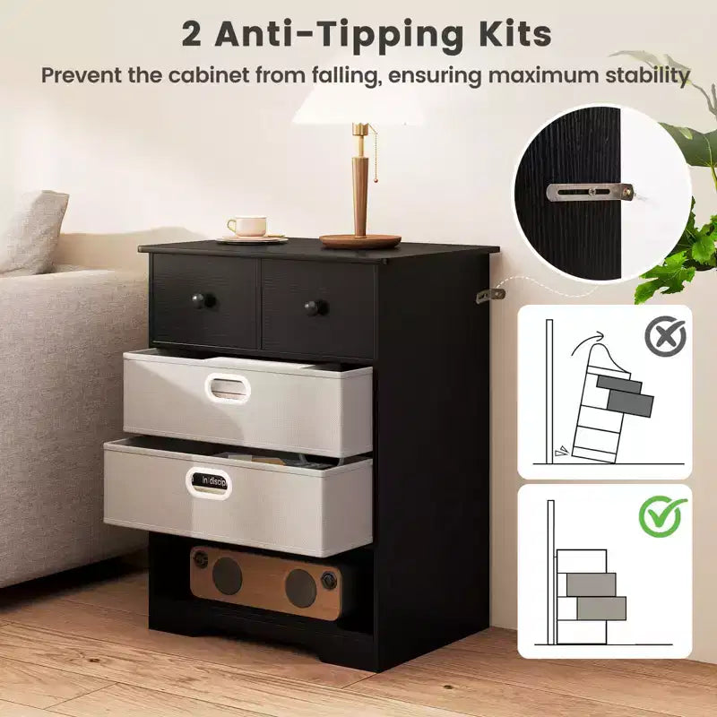 4-Drawer Modern Dresser with Open Shelves & Anti-Tip Kits – White/Black