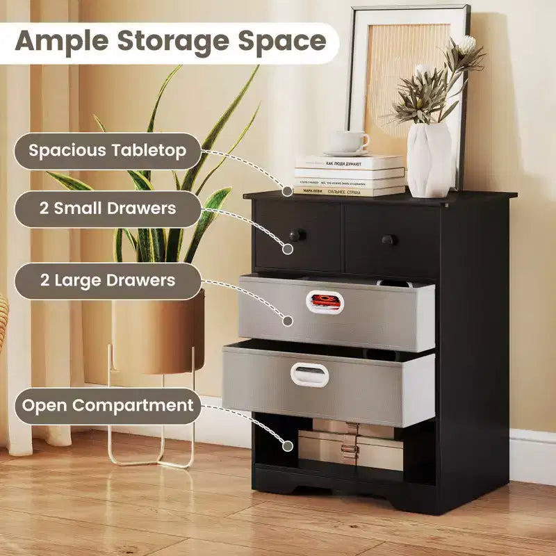 4-Drawer Modern Dresser with Open Shelves & Anti-Tip Kits – White/Black