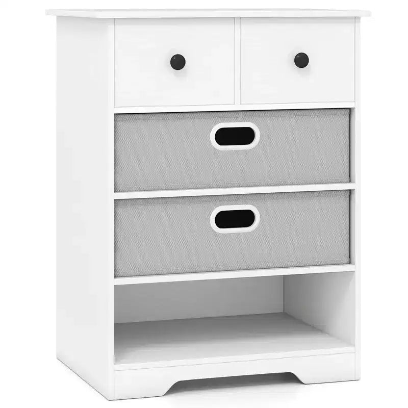4-Drawer Modern Dresser with Open Shelves & Anti-Tip Kits – White/Black