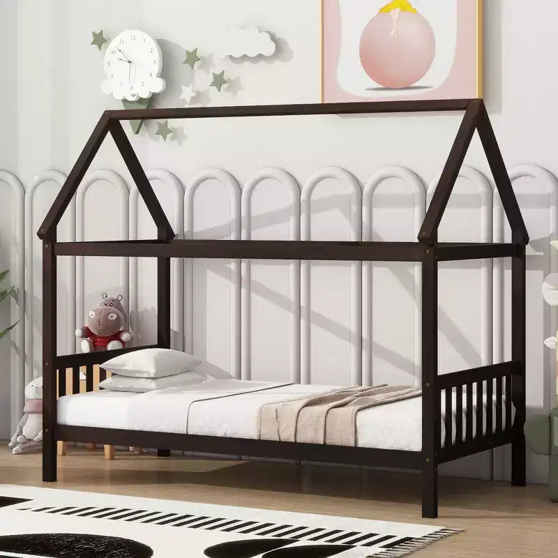 Twin House Bed with Headboard & Footboard – Kids Playhouse Bed Frame