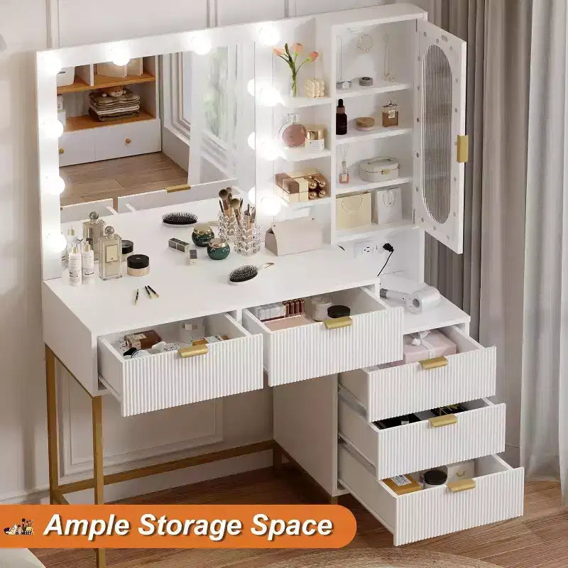 Vanity Table with Lighted Mirror, Power Outlet, 5 Drawers & 7 Shelves – 3 Light Modes