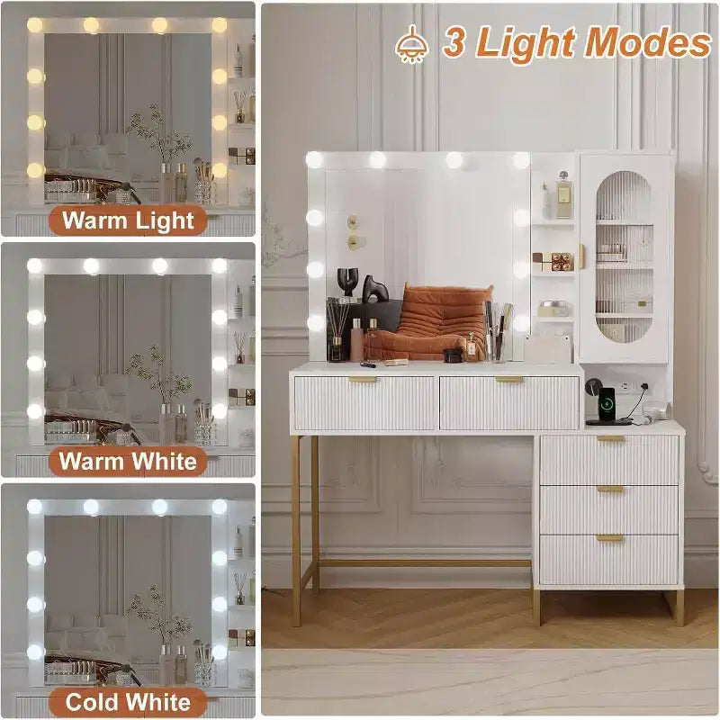Vanity Table with Lighted Mirror, Power Outlet, 5 Drawers & 7 Shelves – 3 Light Modes
