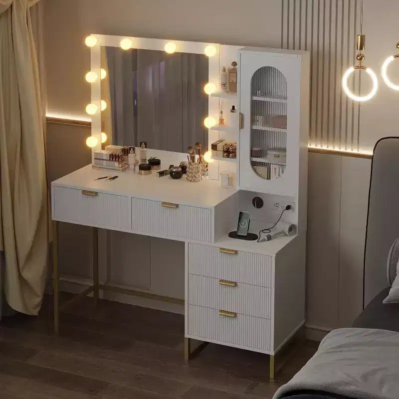 Vanity Table with Lighted Mirror, Power Outlet, 5 Drawers & 7 Shelves – 3 Light Modes