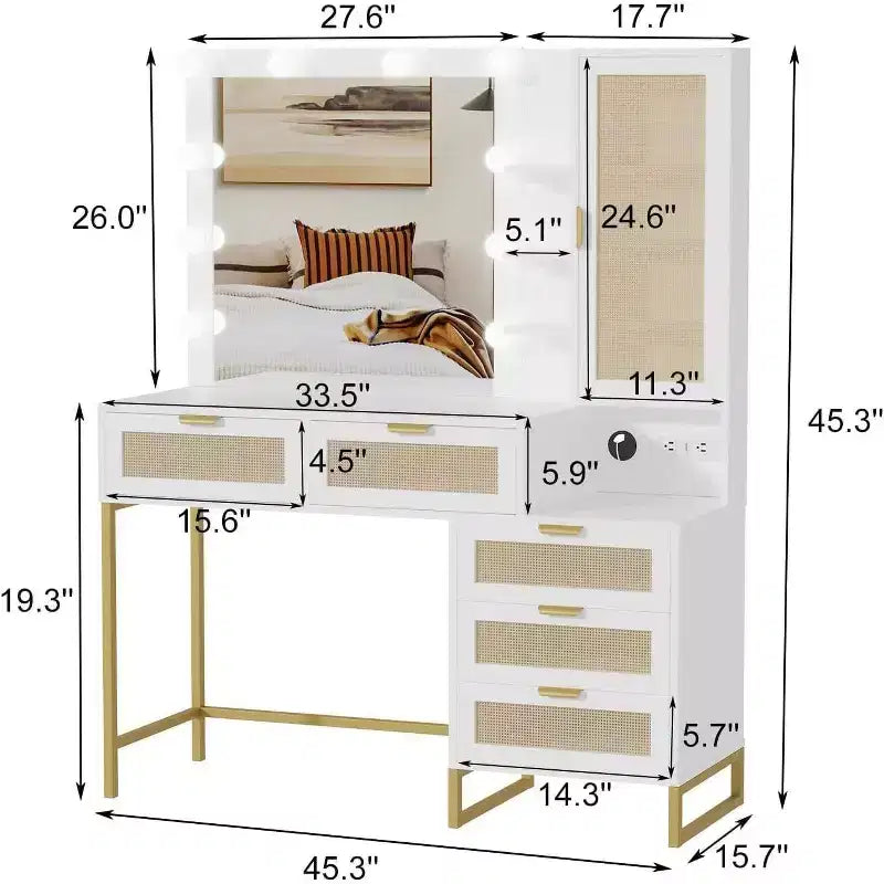 Vanity Table with Lighted Mirror, Power Outlet, 5 Drawers & 7 Shelves – 3 Light Modes
