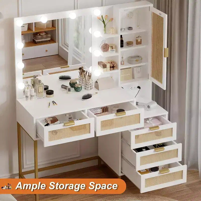Vanity Table with Lighted Mirror, Power Outlet, 5 Drawers & 7 Shelves – 3 Light Modes