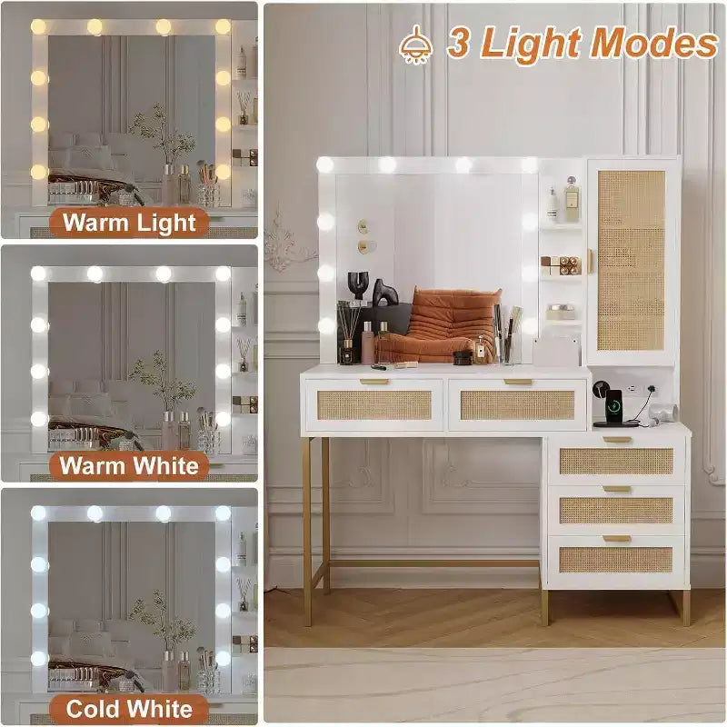 Vanity Table with Lighted Mirror, Power Outlet, 5 Drawers & 7 Shelves – 3 Light Modes