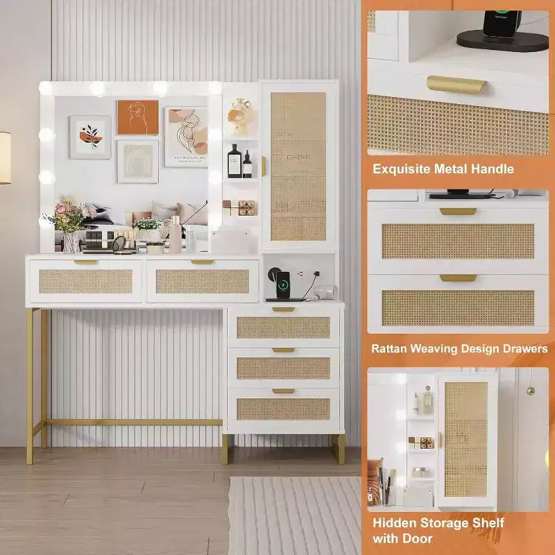 Vanity Table with Lighted Mirror, Power Outlet, 5 Drawers & 7 Shelves – 3 Light Modes