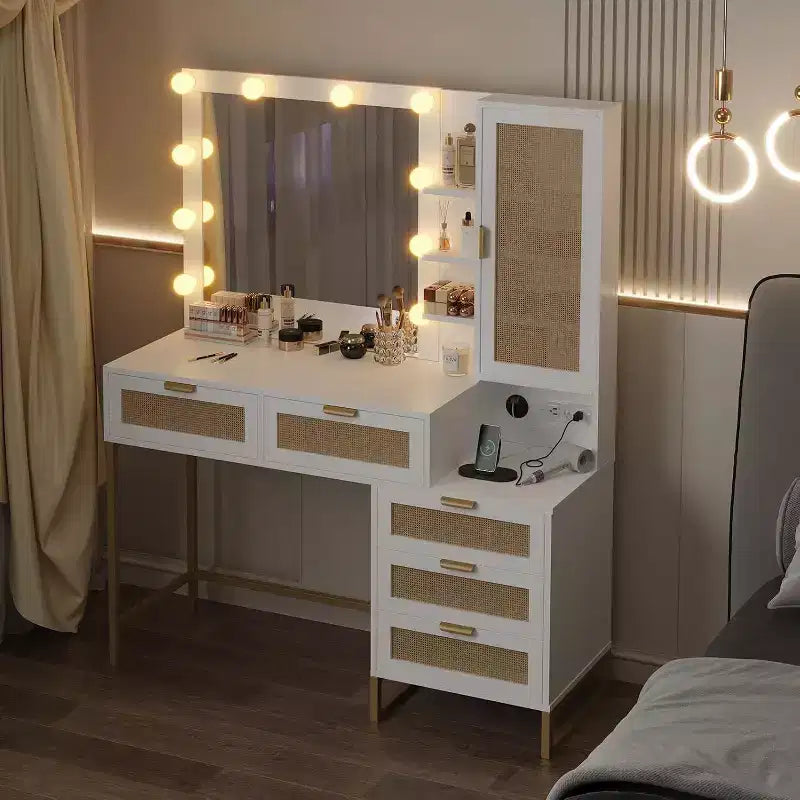 Vanity Table with Lighted Mirror, Power Outlet, 5 Drawers & 7 Shelves – 3 Light Modes