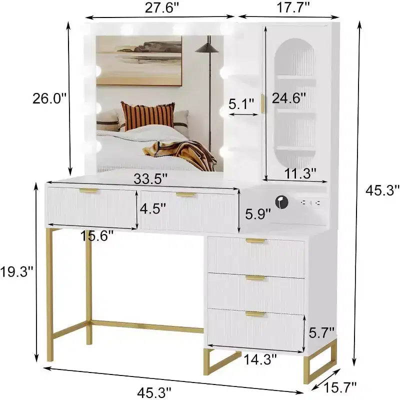 Vanity Table with Lighted Mirror, Power Outlet, 5 Drawers & 7 Shelves – 3 Light Modes