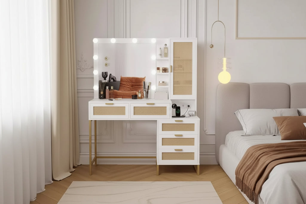 Vanity Table with Mirror and Lights, Power Outlet, 5 Drawers, 7 Shelves Storage, 3 Light Modes Dressing Table