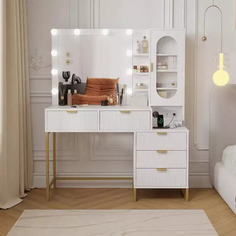 Vanity Table with Lighted Mirror, Power Outlet, 5 Drawers & 7 Shelves – 3 Light Modes