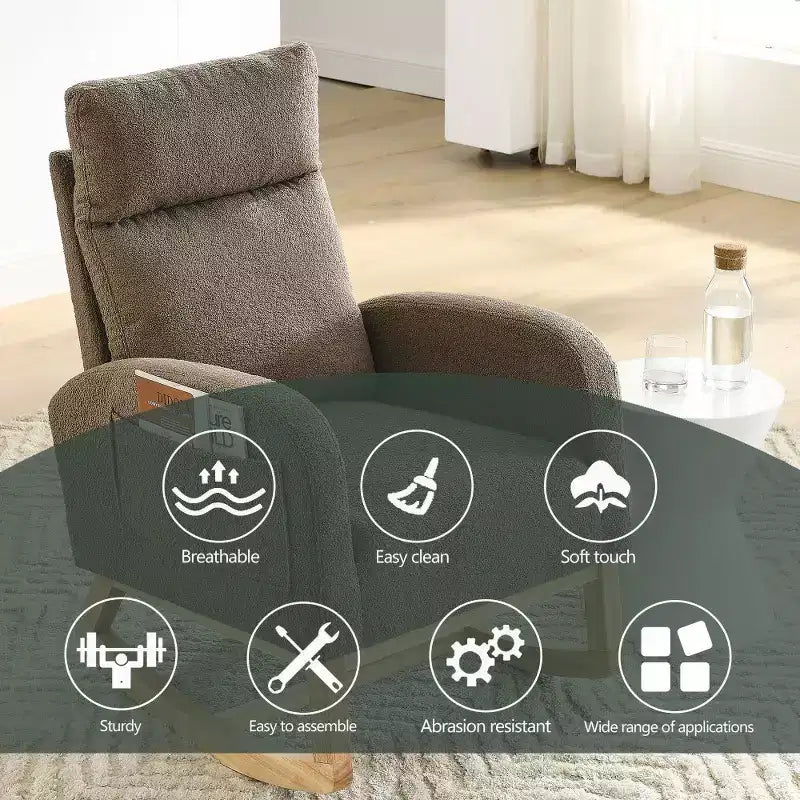 Fauteuil à bascule rembourré à dossier haut moderne avec 2 poches de rangement latérales – 70 cm