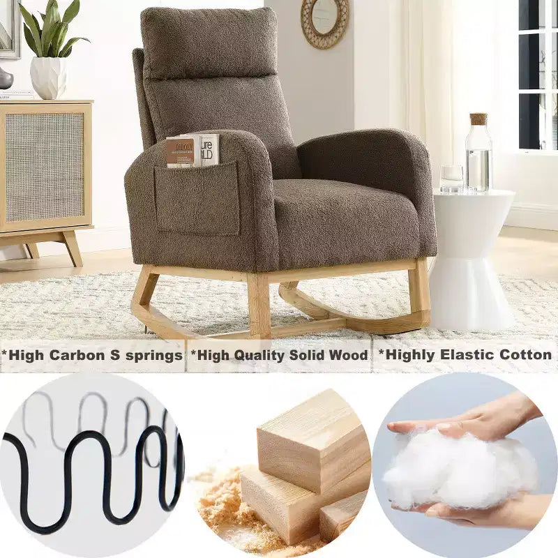 Fauteuil à bascule rembourré à dossier haut moderne avec 2 poches de rangement latérales – 70 cm