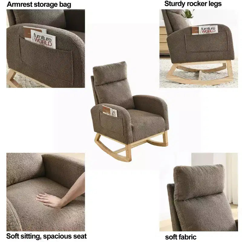 Fauteuil à bascule rembourré à dossier haut moderne avec 2 poches de rangement latérales – 70 cm