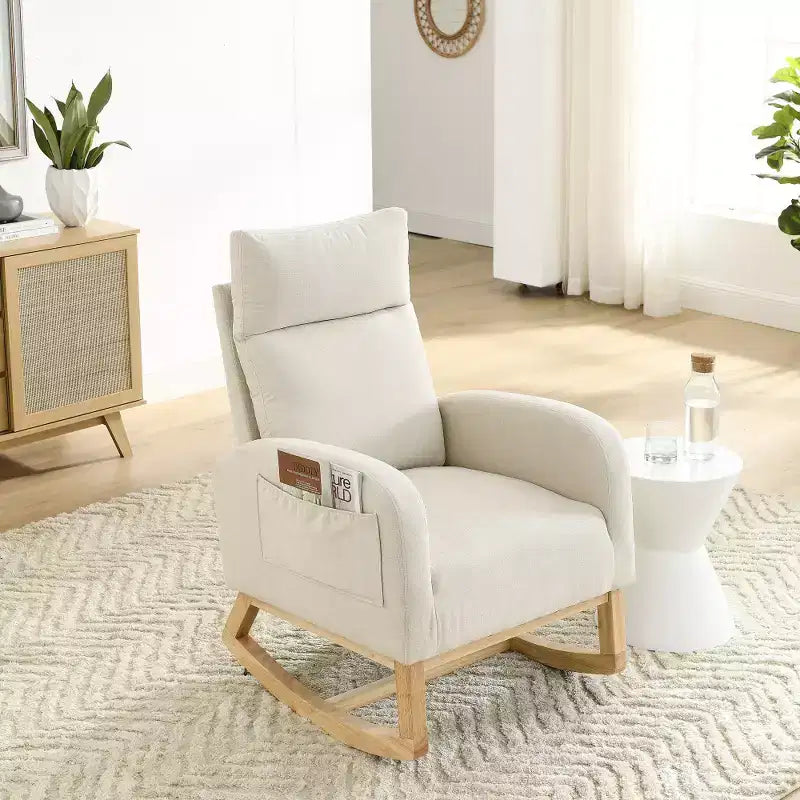 Fauteuil à bascule rembourré à dossier haut moderne avec 2 poches de rangement latérales – 70 cm