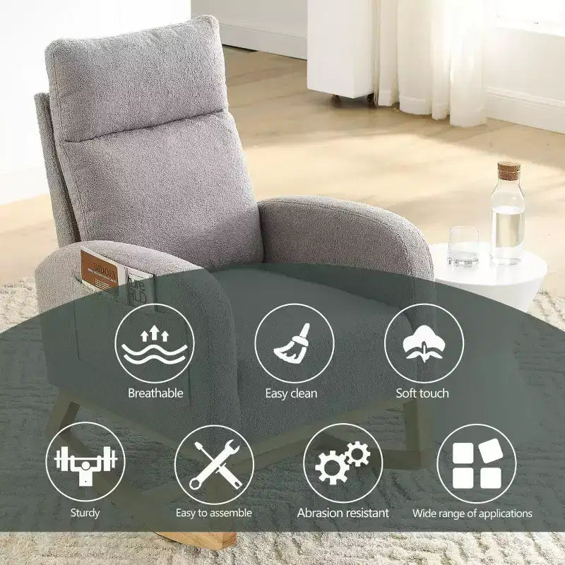 Fauteuil à bascule rembourré à dossier haut moderne avec 2 poches de rangement latérales – 70 cm