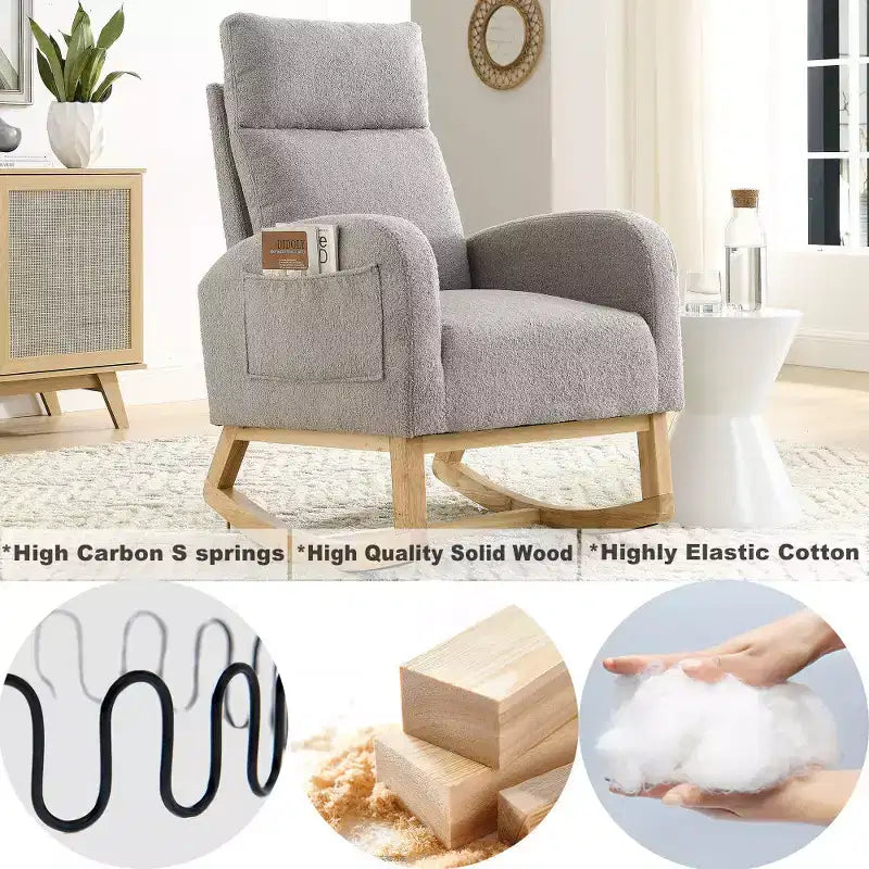 Fauteuil à bascule rembourré à dossier haut moderne avec 2 poches de rangement latérales – 70 cm