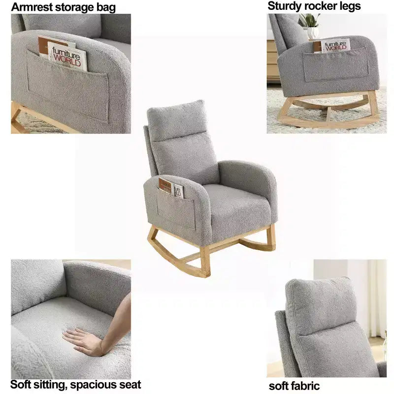 Fauteuil à bascule rembourré à dossier haut moderne avec 2 poches de rangement latérales – 70 cm