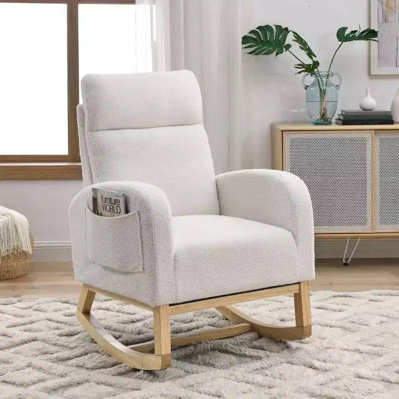 Fauteuil à bascule rembourré à dossier haut moderne avec 2 poches de rangement latérales – 70 cm