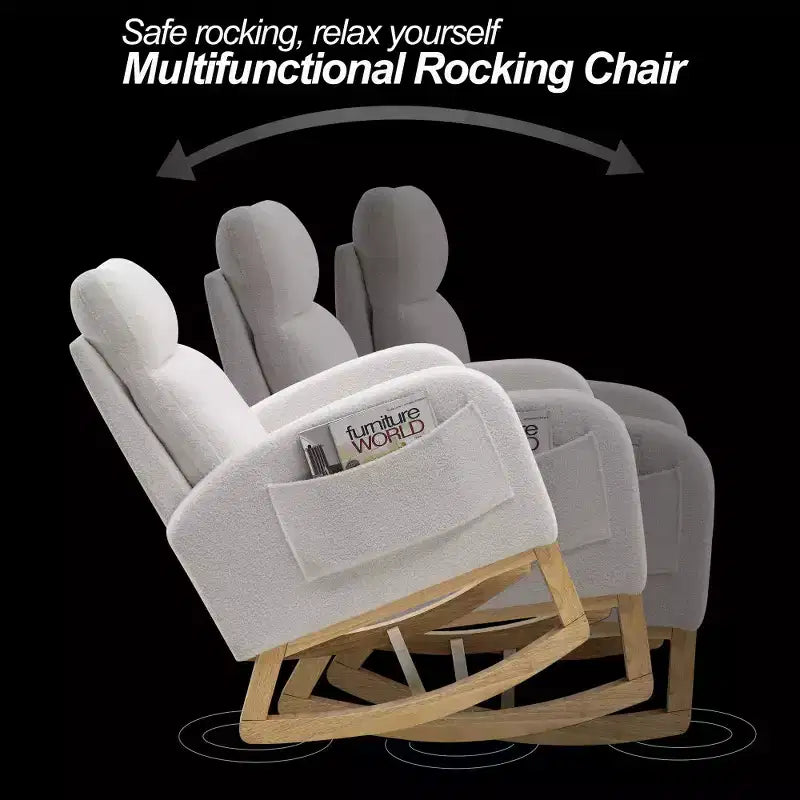 Fauteuil à bascule rembourré à dossier haut moderne avec 2 poches de rangement latérales – 70 cm