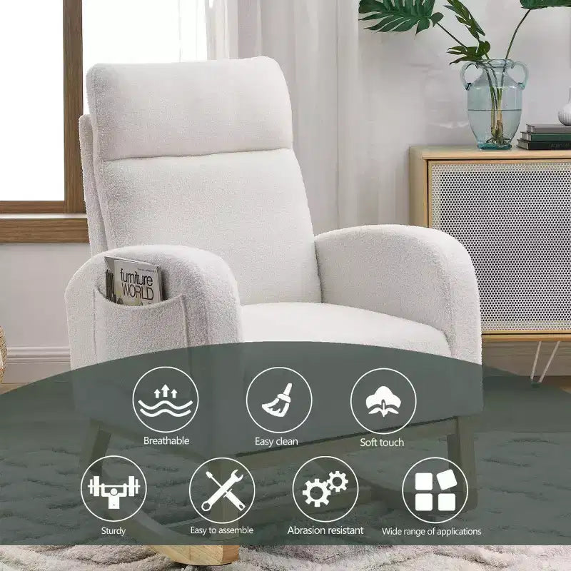 Fauteuil à bascule rembourré à dossier haut moderne avec 2 poches de rangement latérales – 70 cm